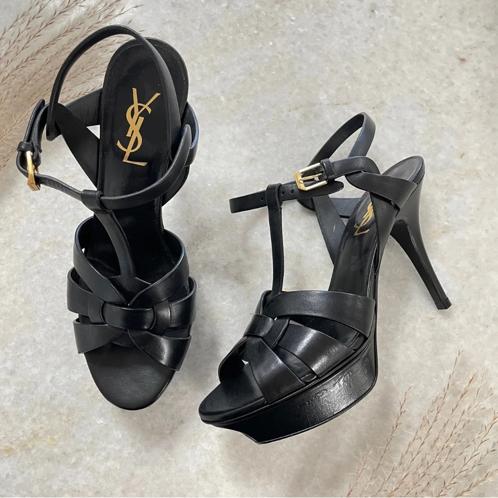 YSL Black Leather Tribute Platform Sandals Size 38